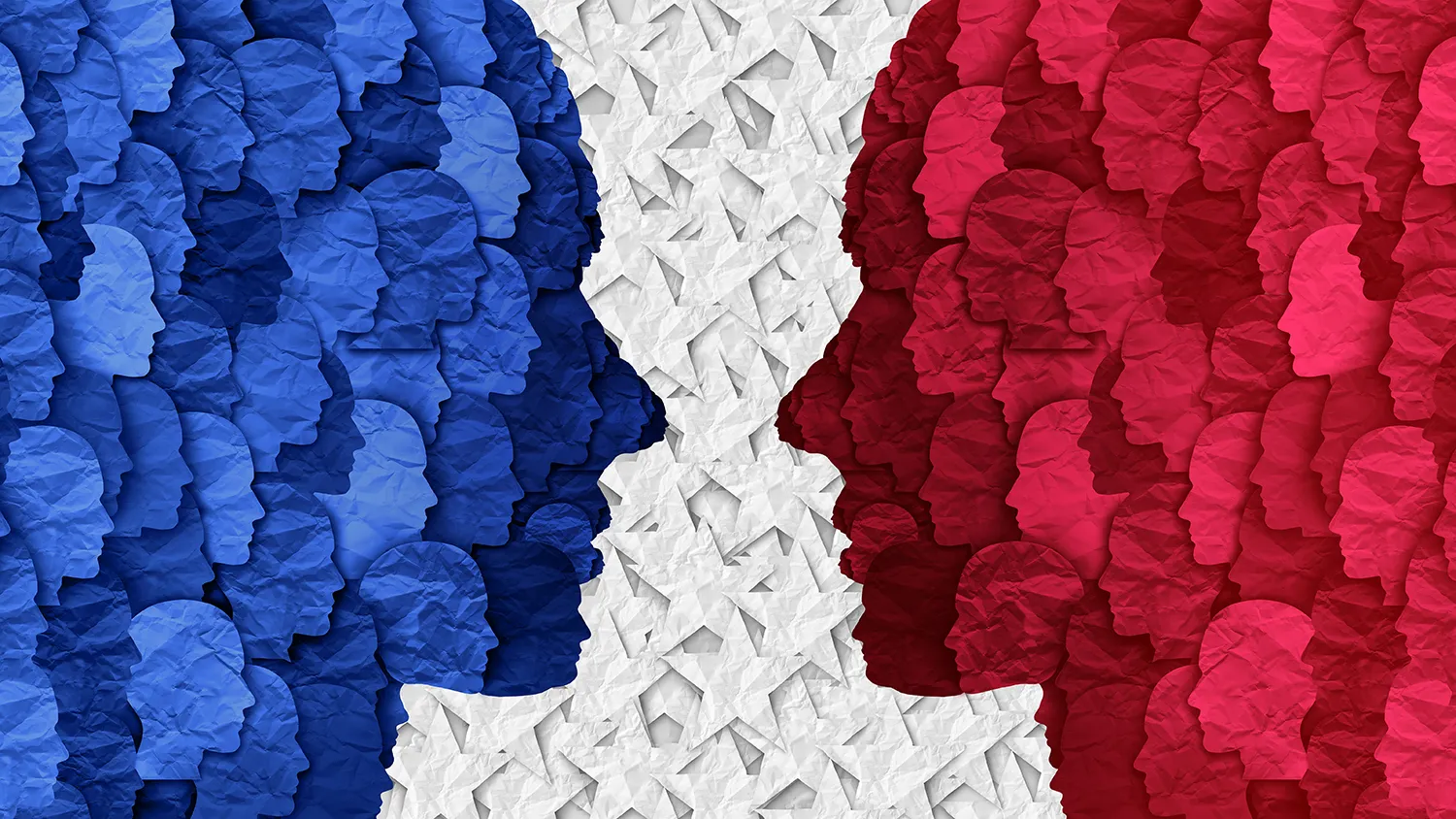 Silhouettes of human heads in red and blue, facing each other, with white star cutouts in between