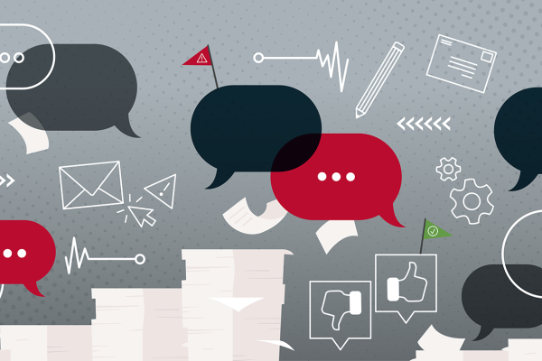 A collage of speech bubbles, email envelope icons and stacks of paper against a gray background.