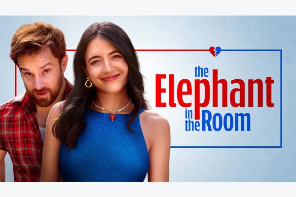 A man and woman dressed in red and blue, respectively, next to the text "The Elephant in the Room"